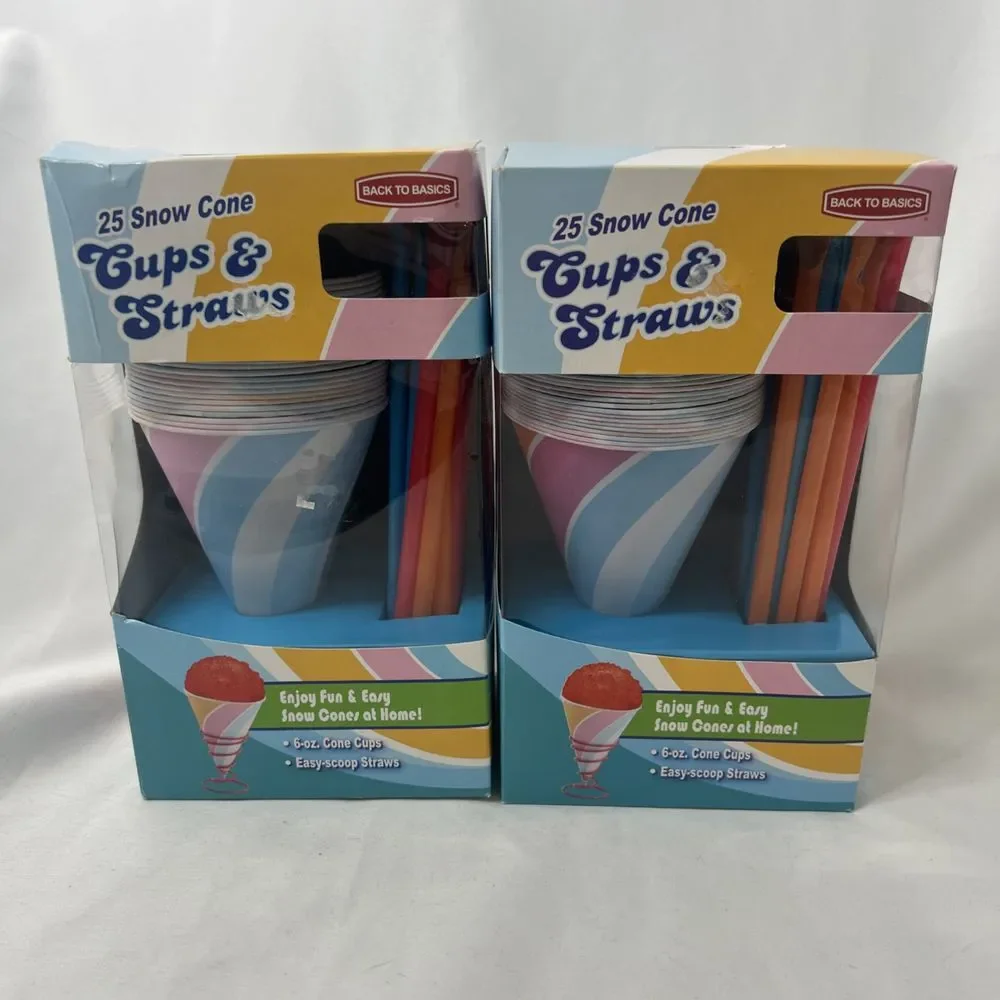 Back To Basics Lot Of 2 Snow Cone Cups & Straws 50 Total 6oz Cups Party Kids NEW